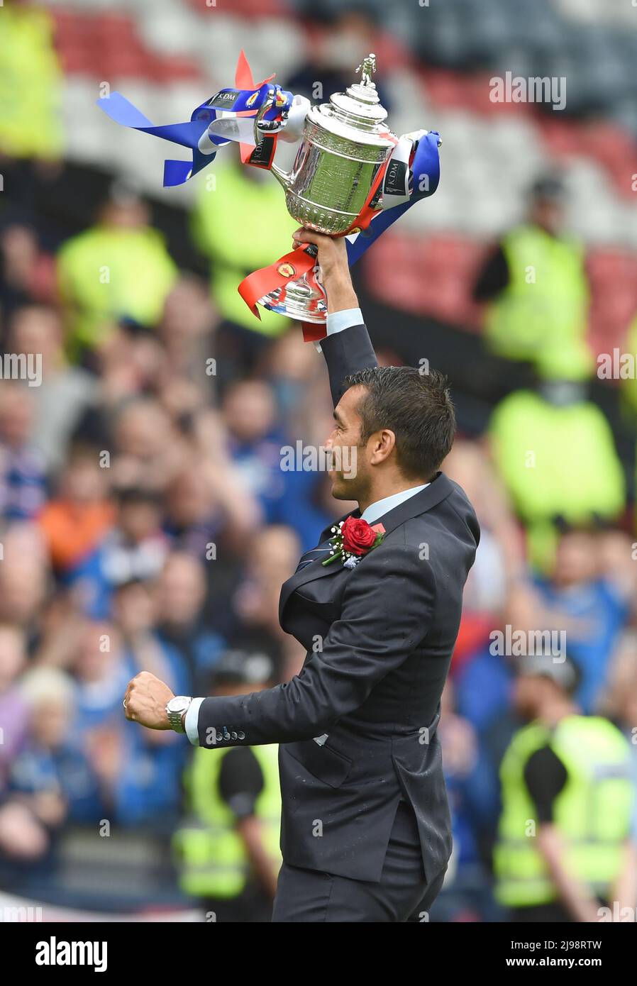 Glasgow, Scotland, 21st May 2022.  Rangers Manager Giovanni van Bronckhorst with the Scottish Cup after the Scottish Cup match at Hampden Park, Glasgow. Picture credit should read: Neil Hanna / Sportimage Stock Photo