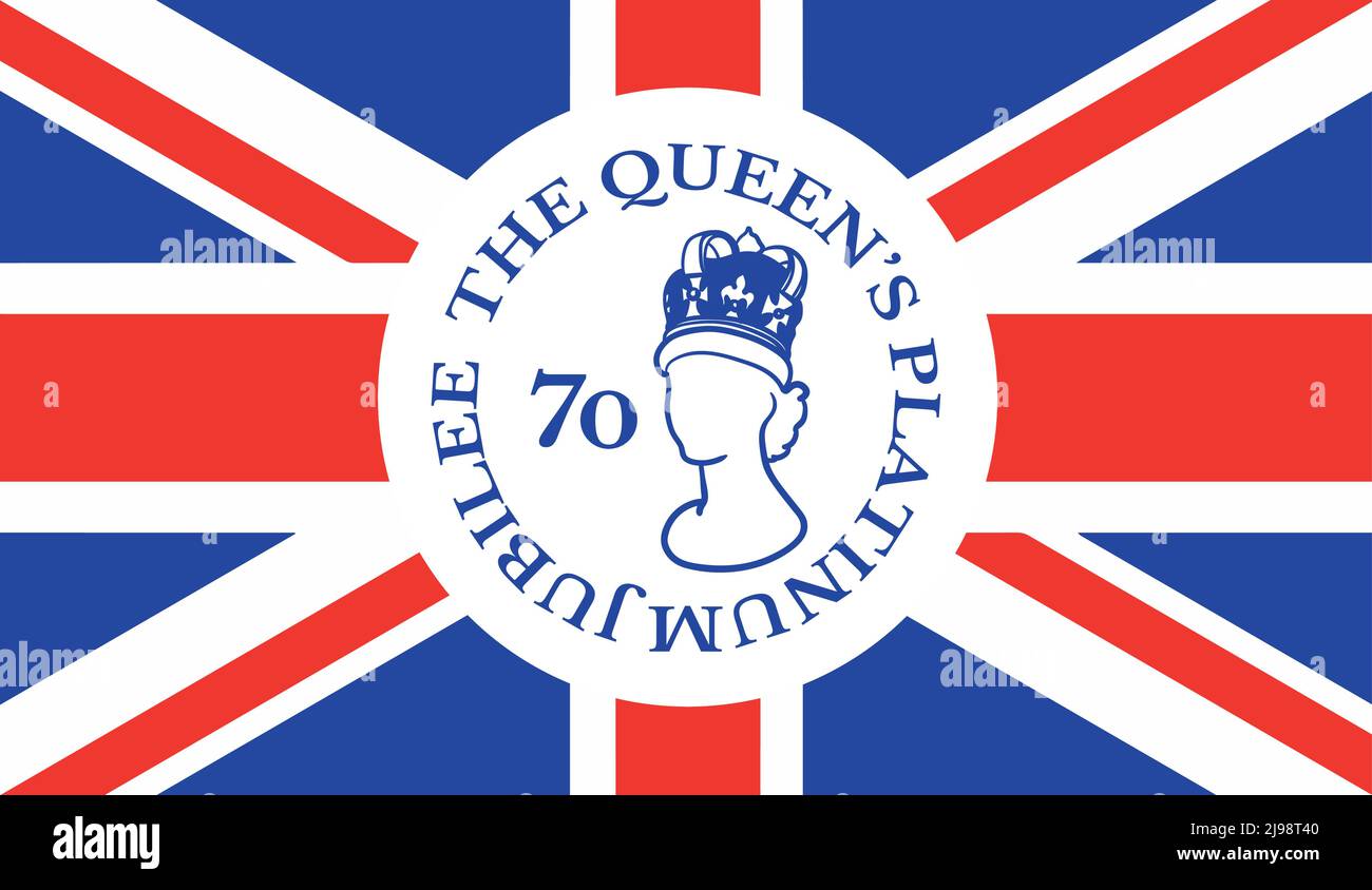 The Queens Platinum Jubilee celebration poster with silhouette of Queen Elizabeth on British flag background. Vector illustration for Her Majesty The Queen on her 70 years of service 1952 - 2022 Stock Vector