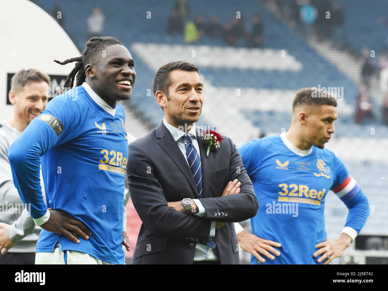 Hampden Park.Glasgow.Scotland, UK. 21st May, 2022. Rangers vs Heart of Midlothian. Scottish Cup Final 2022 Calvin Bassey (#3) of Rangers FC & Giovanni van Bronckhorst, manager of Rangers FCv at full time Hearts. Credit: eric mccowat/Alamy Live News Stock Photo