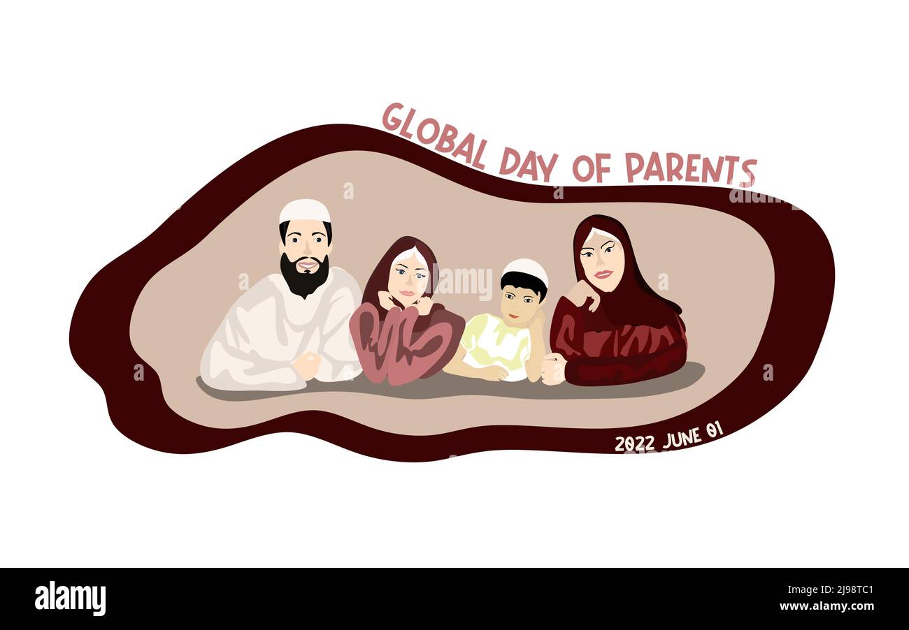 Happy Global Day of Parents vector illustration. Conceptual world parents day design, banner or card. Happy Muslim family flat vector design Stock Vector