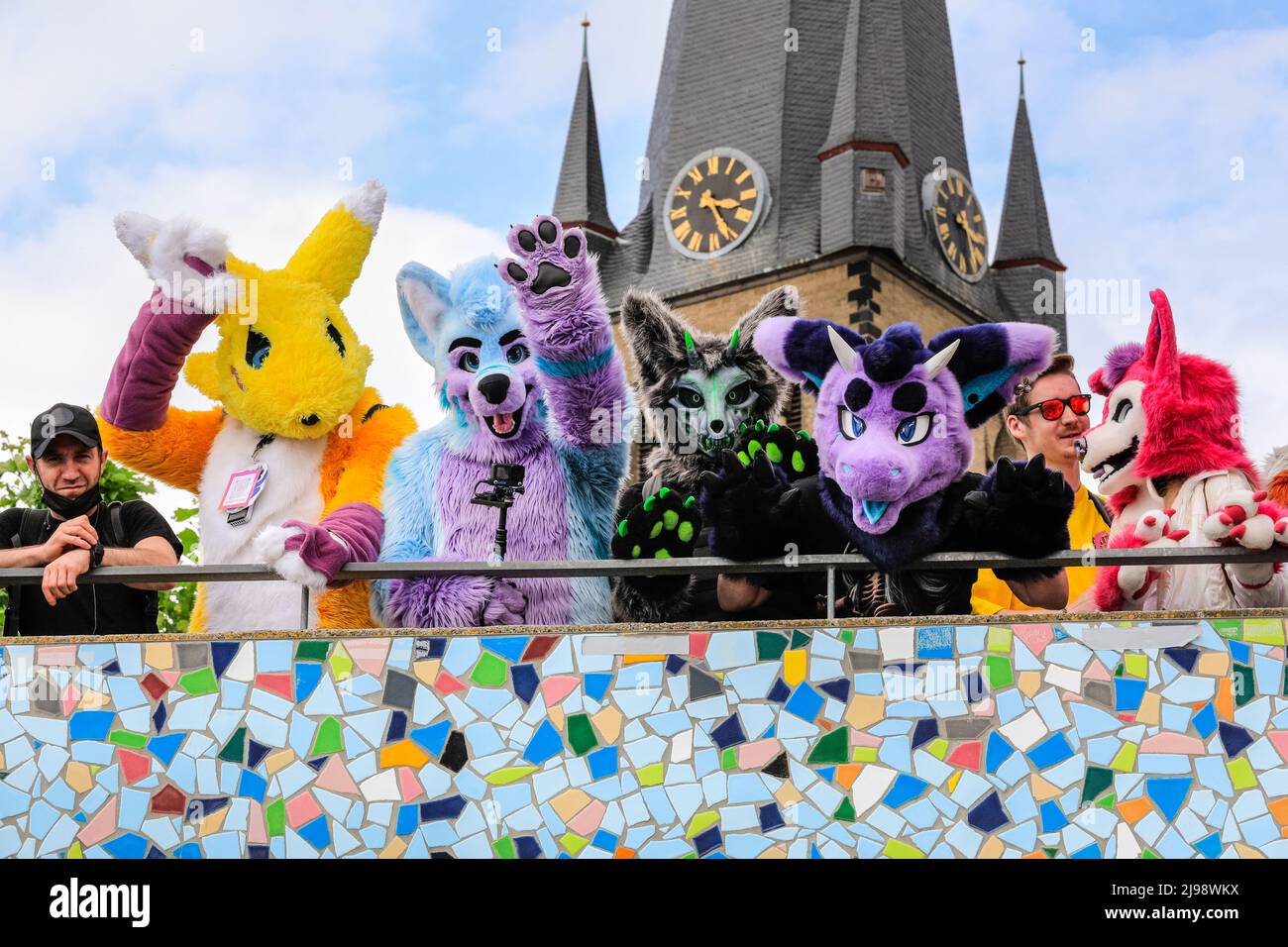 Düsseldorf, NRW, Germany. 21st May, 2022. A group of cosplayers have fun despite their warm, furry outfits. Tens of thousands of visitors and cosplayers enjoy the warm sunshine along the river Rhine embankment in their outfits inspired by Japanese anime, video and games. Stage performances, cosplay, stalls and demonstrations of Japanese culture, sports and traditions are featured at Düsseldorf's annual Japan Day, celebrating Japan and the Japanese community in the city. Düsseldorf is home to the largest Japanese community in Germany. Credit: Imageplotter/Alamy Live News Stock Photo