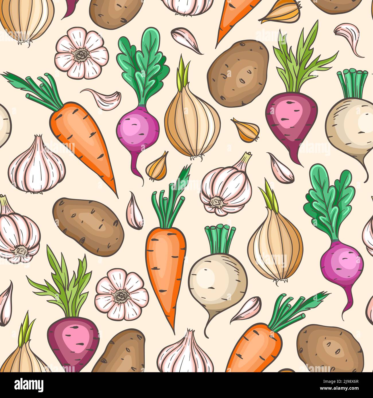 Seamless pattern with root vegetables, potato, radish, carrot, garlic ...