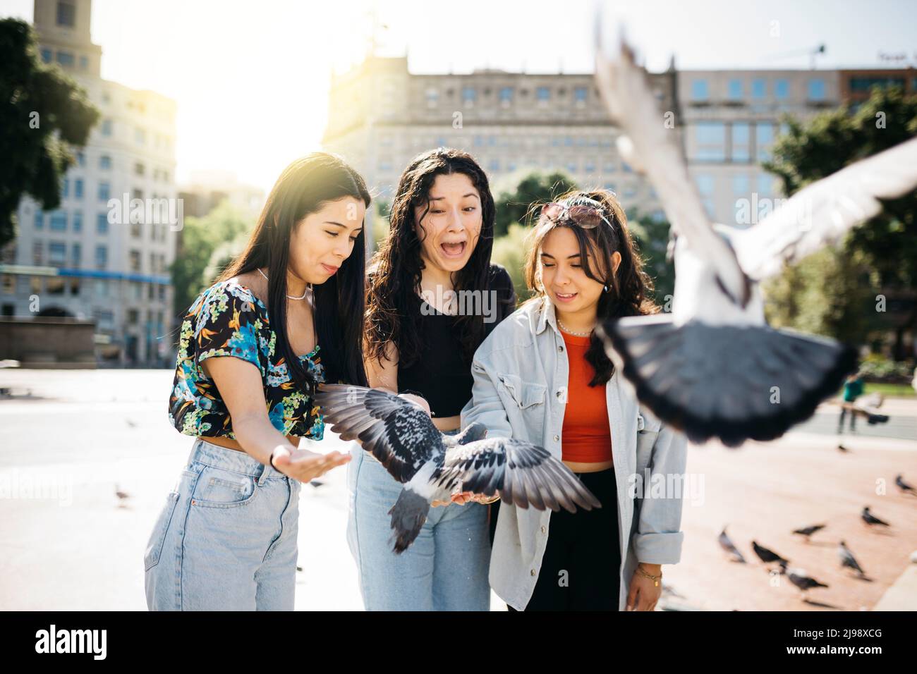 Three young women feeding pigeons in a square of a city Stock Photo