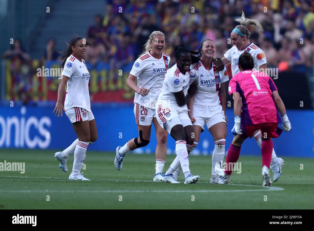 Amandine Henry of Olympique Lyon  celebrates after scoring herteam's first goal with team mates during the UEFA Women's Champions League final match between Fc Barcelona  and Olympique Lyon at Juventus Stadium on May 21, 2022 in Turin, Italy . Stock Photo