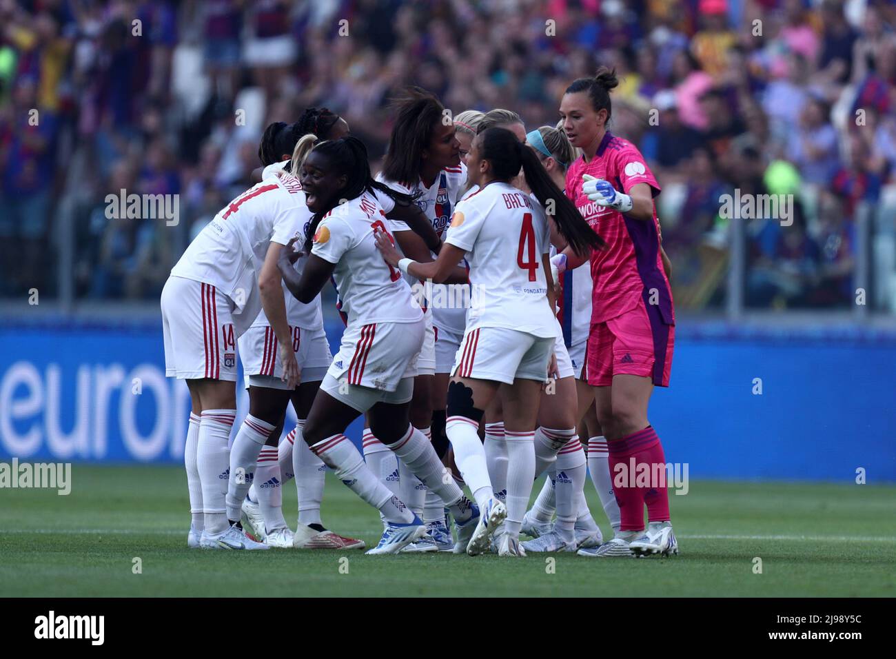 Amandine Henry of Olympique Lyon  celebrates after scoring her team's first goal with team mates during the UEFA Women's Champions League final match between Fc Barcelona  and Olympique Lyon at Juventus Stadium on May 21, 2022 in Turin, Italy . Stock Photo