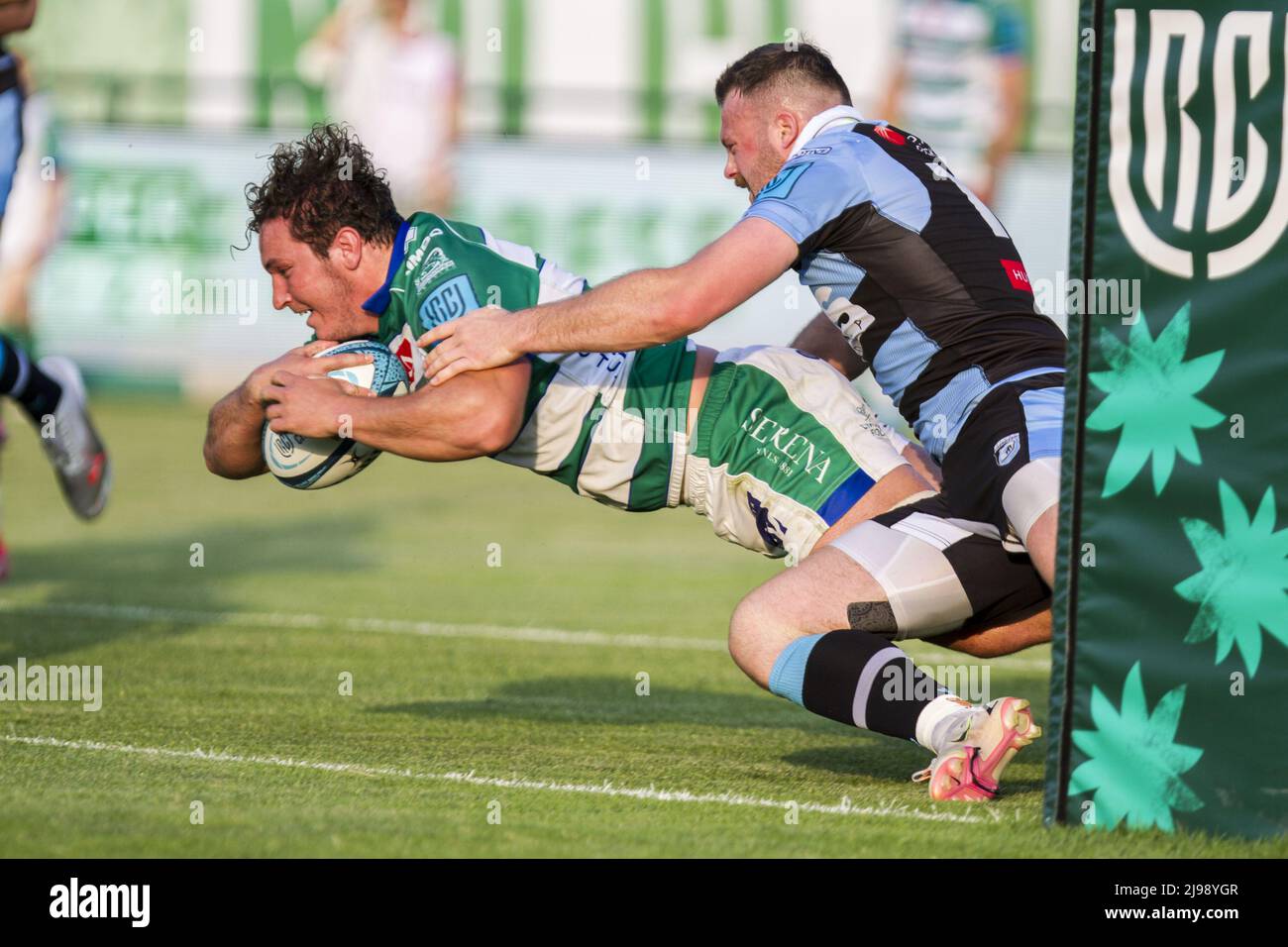 Michele Lamaro Try during the United Rugby Championship match Benetton  Rugby vs Cardiff on May 20, 2022 at the Monigo Stadium in Treviso, Italy  (Photo by Alfio Guarise/LiveMedia/Sipa USA Stock Photo -