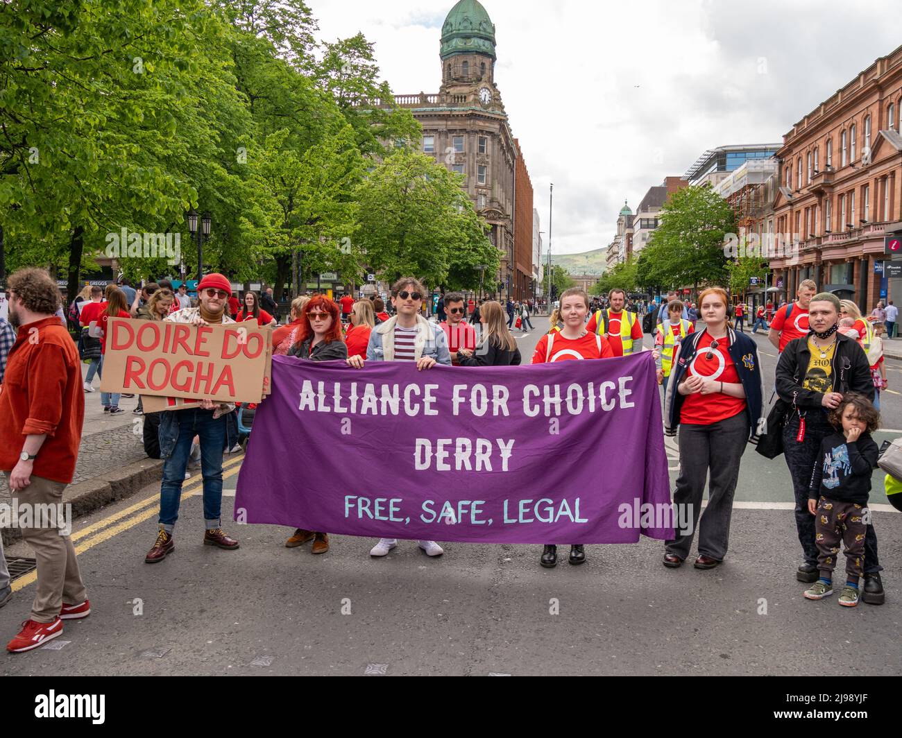 Belfast, Northern Ireland, UK, 21 May 2022. Irish language rally, Belfast. Thousands attended a rally in Belfast calling for Irish language legislation. The protesters marched from West Belfast to City Hall where they were addressed by Irish speakers. The event was organised by An Dream Dearg. Stock Photo
