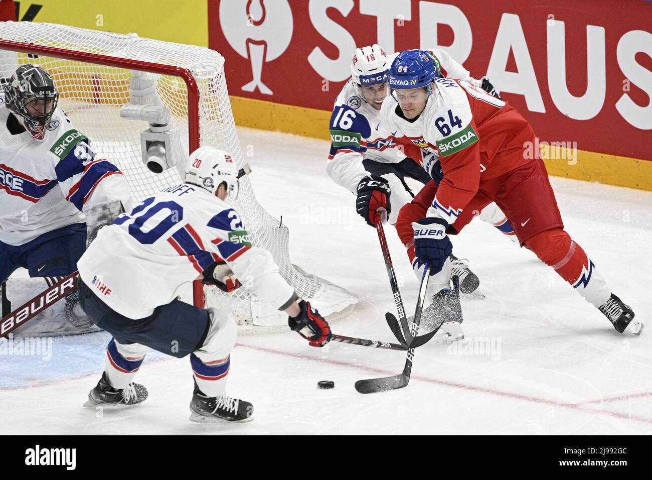 Tampere, Finland. 21st May, 2022. (L-R) Norway´s goalie Jonas Arntzen, Ludvig Hoff of Norway, Magnus Brekke Henriksen of Norway and Czech Republic's David Kampf during the Ice Hockey World Championship Group B match Czech Republic vs Norway in Tampere, Finland, May 21, 2022. Credit: Michal Kamaryt/CTK Photo/Alamy Live News Stock Photo