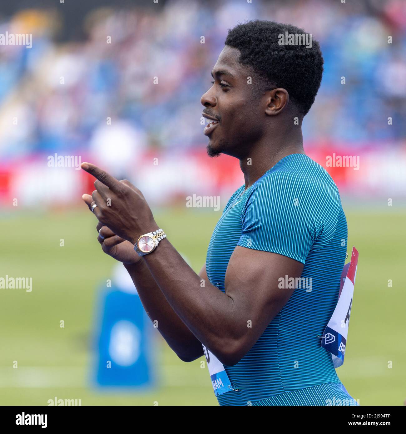 Birmingham, England. 21st May, 2022. Jeremiah Azu (GBR) during the Mens 100m the Müller Diamond League athletics event at the Alexander Stadium in Birmingham, England. The Diamond League is an annual series of elite track and field athletic competitions comprising fourteen of the best invitational athletics meetings. Credit: Sporting Pics / Alamy Live News Stock Photo