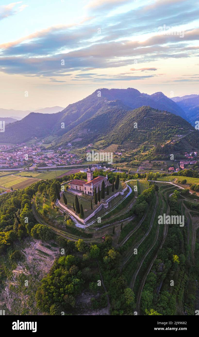 Vertical panoramic aerial view of the Franciacorta countryside, Lombardy, Italy Stock Photo