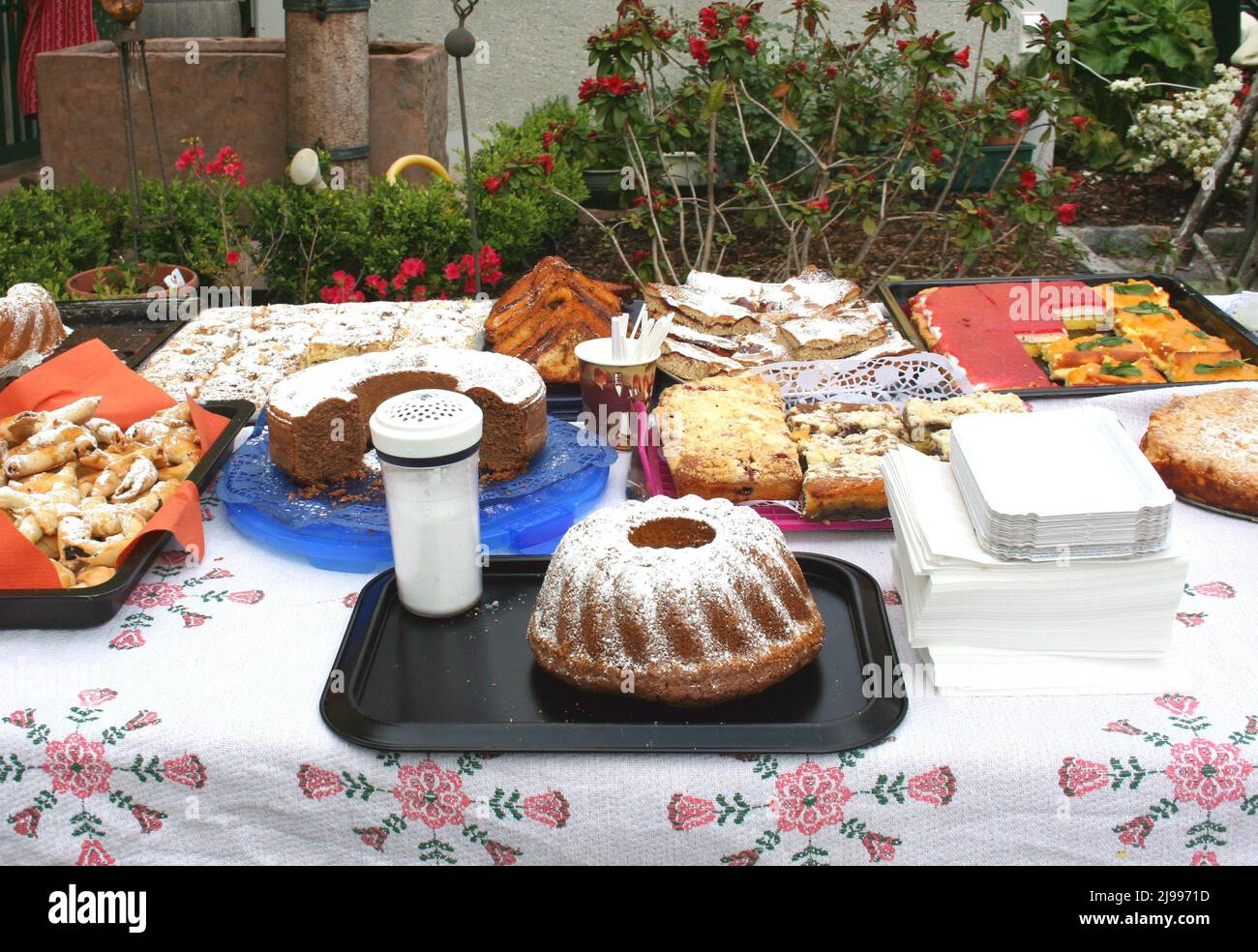 Beautiful traditional German and Austrian desserts displayed at a local festival. Stock Photo