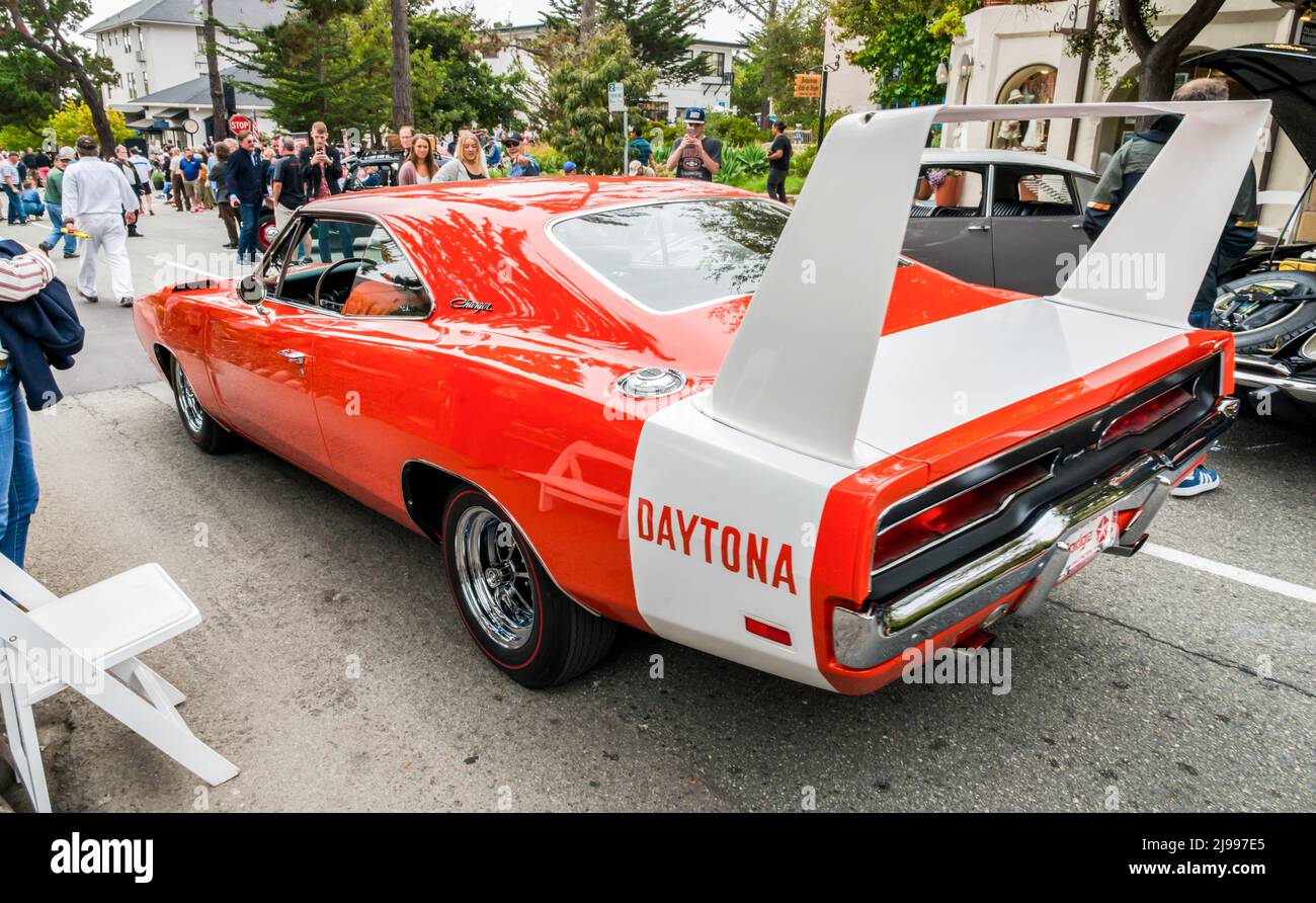 An orange Charger Daytona on display at the 2017 Carmel-by-the-Sea Concours on the Avenue Stock Photo