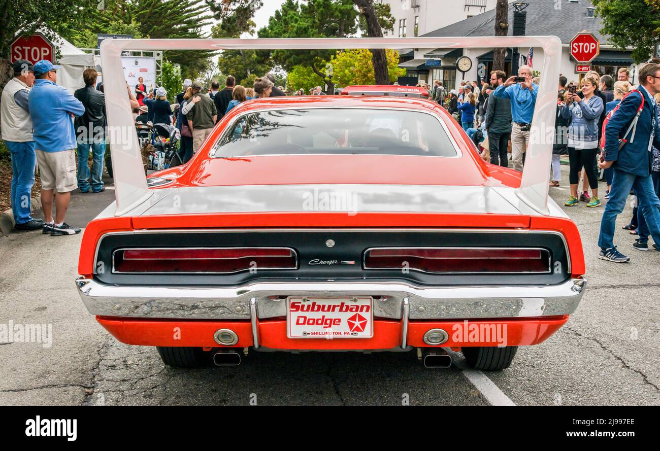An orange Charger Daytona on display at the 2017 Carmel-by-the-Sea Concours on the Avenue Stock Photo