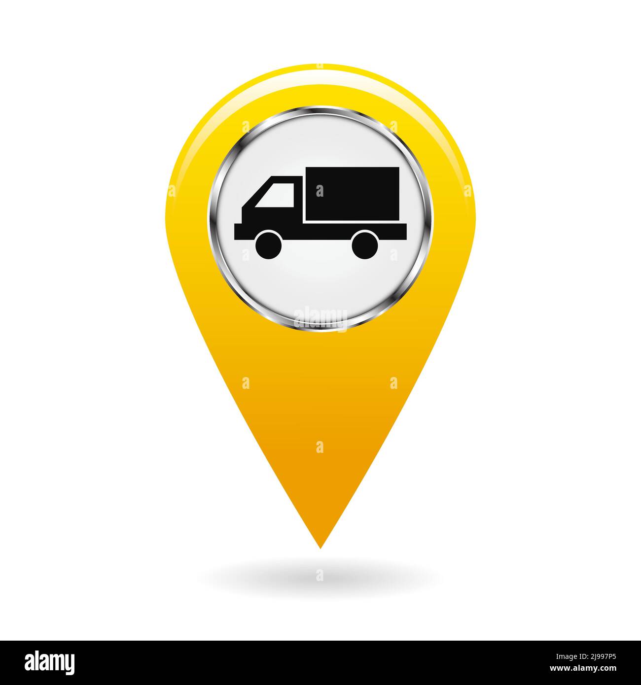 Map pointer. Pointer vehicle location, road transport and highways. Motor van or truck. The risk of collision. Safety symbol. The yellow object on whi Stock Vector