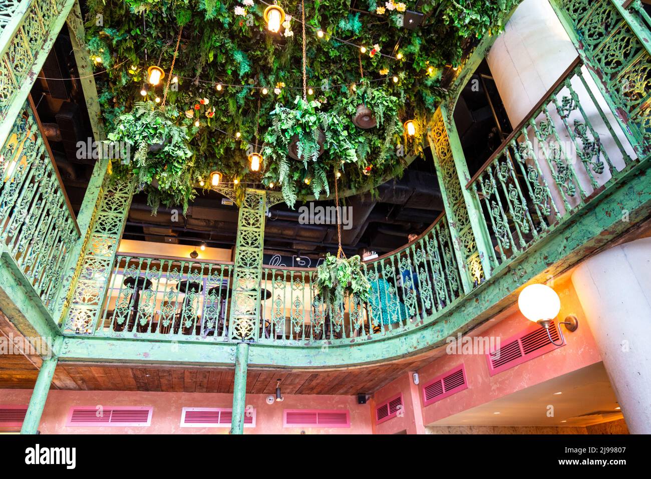 Interior of Goods Way courtyard - a New Orleans style food hall and live music venue in King's Cross, London, UK Stock Photo