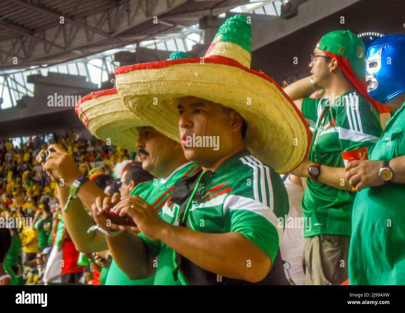 Mexican soccer fans at 2014 World Cup, Fortaleza, Brazil Stock Photo