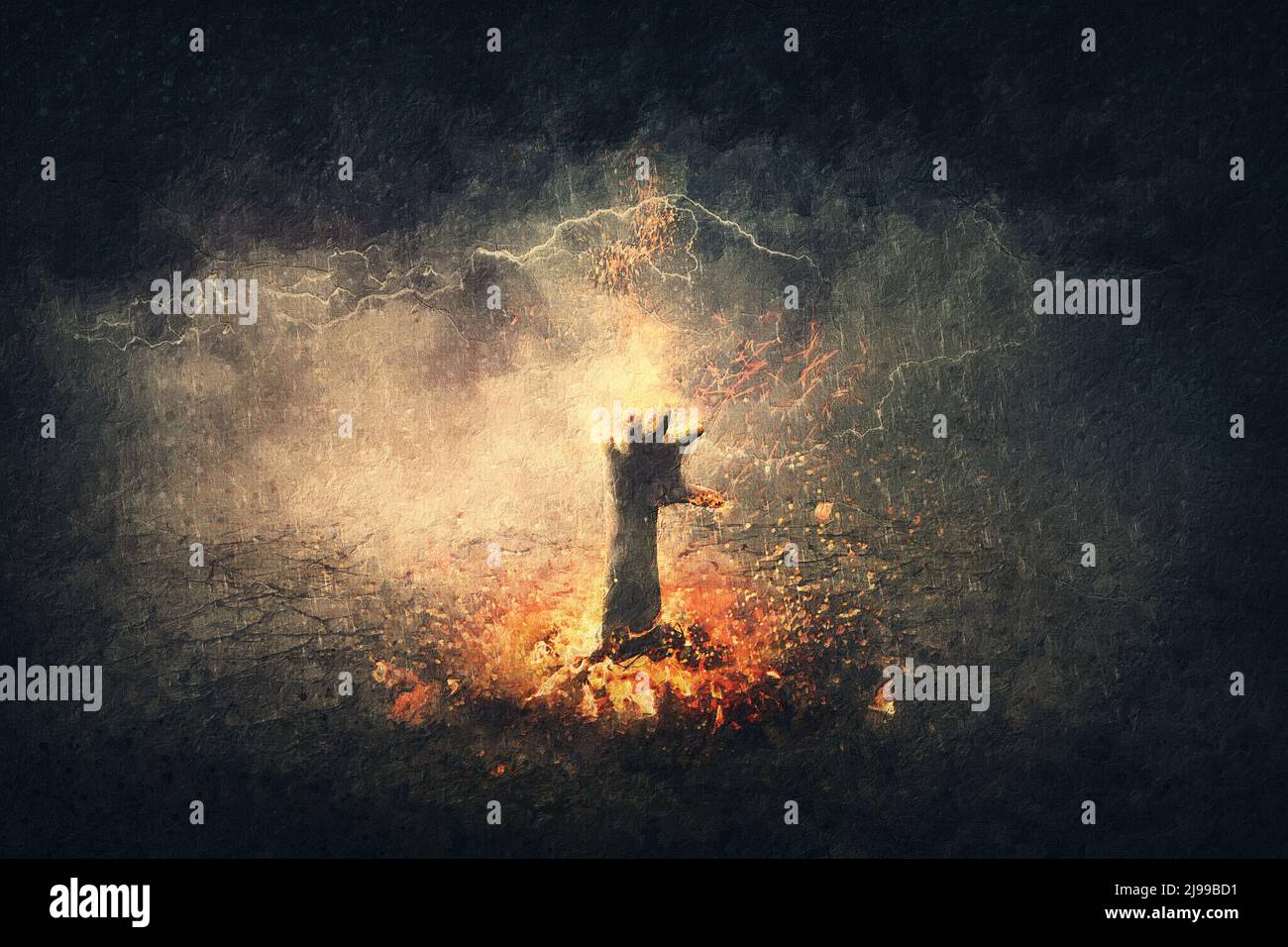 Fantastic horror painting of a hand on fire rising out from the ground. Surreal scene with flaming demon arm gets out of hell. Halloween spooky backgr Stock Photo