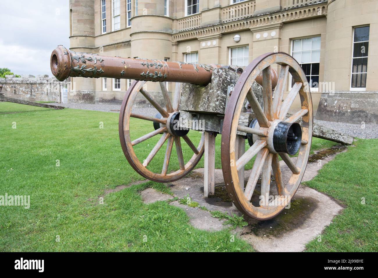 Cannons at the front of the Culzean Castle - Maybole, Carrick on the Ayrshire Coast of Scotland, United Kingdom, Stock Photo