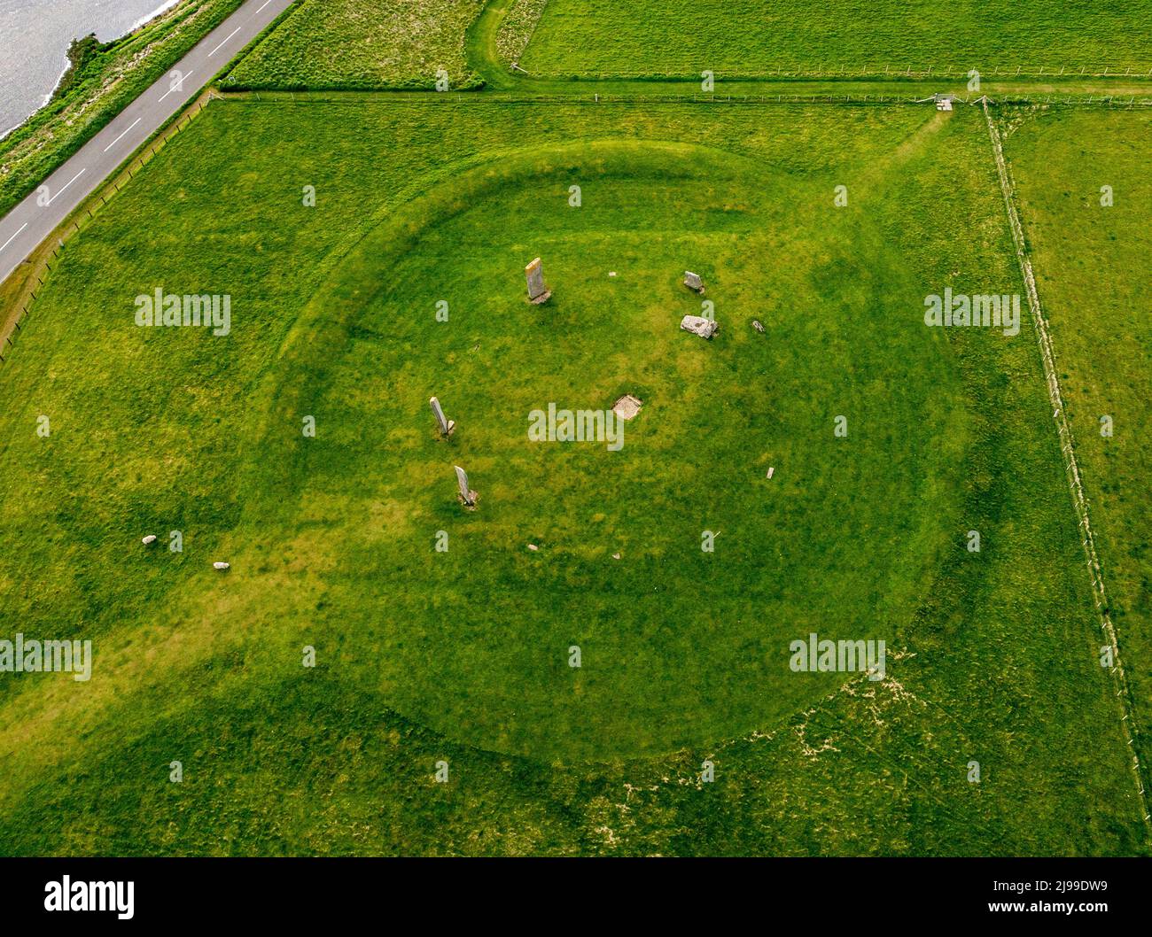 Aerial view of the Neolithic Stones of Stenness, Orkney Island, Scotland. Stock Photo