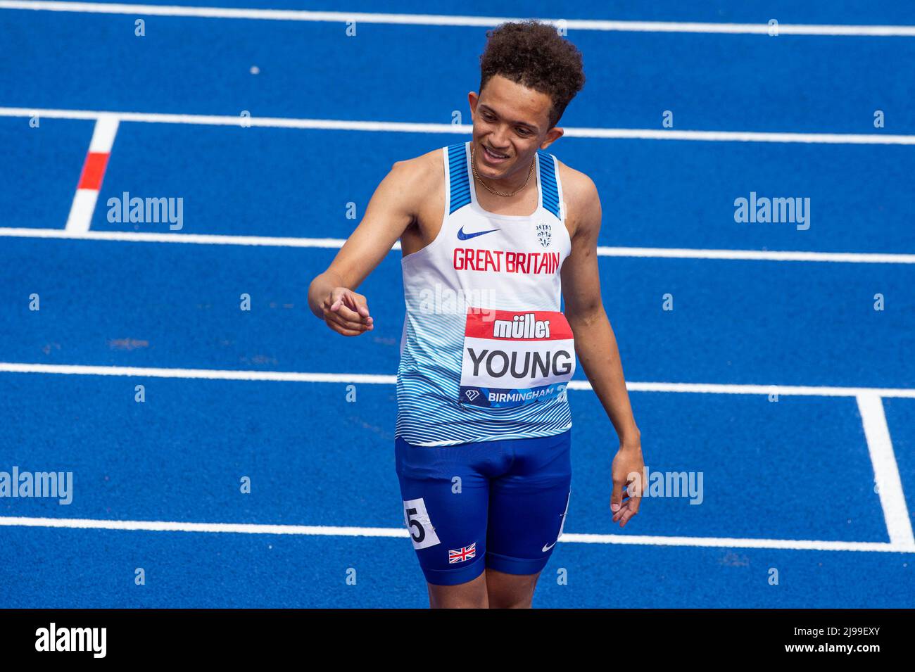 21-MAY-2022 YOUNG Thomas GBR after winning the Men 100m Ambulant Event in10 .95 at the Muller Birmingham Diamond League Alexander Stadium, Perry Barr, Birmingham Credit: PATRICK ANTHONISZ/Alamy Live News Stock Photo