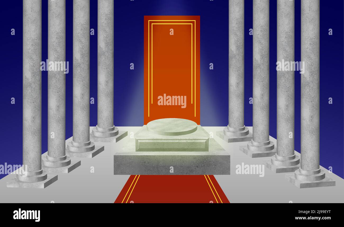 White marble podium with 3 steps in dark blue background. Red carpet in the center. 2 rows of columns on both sides Stock Vector
