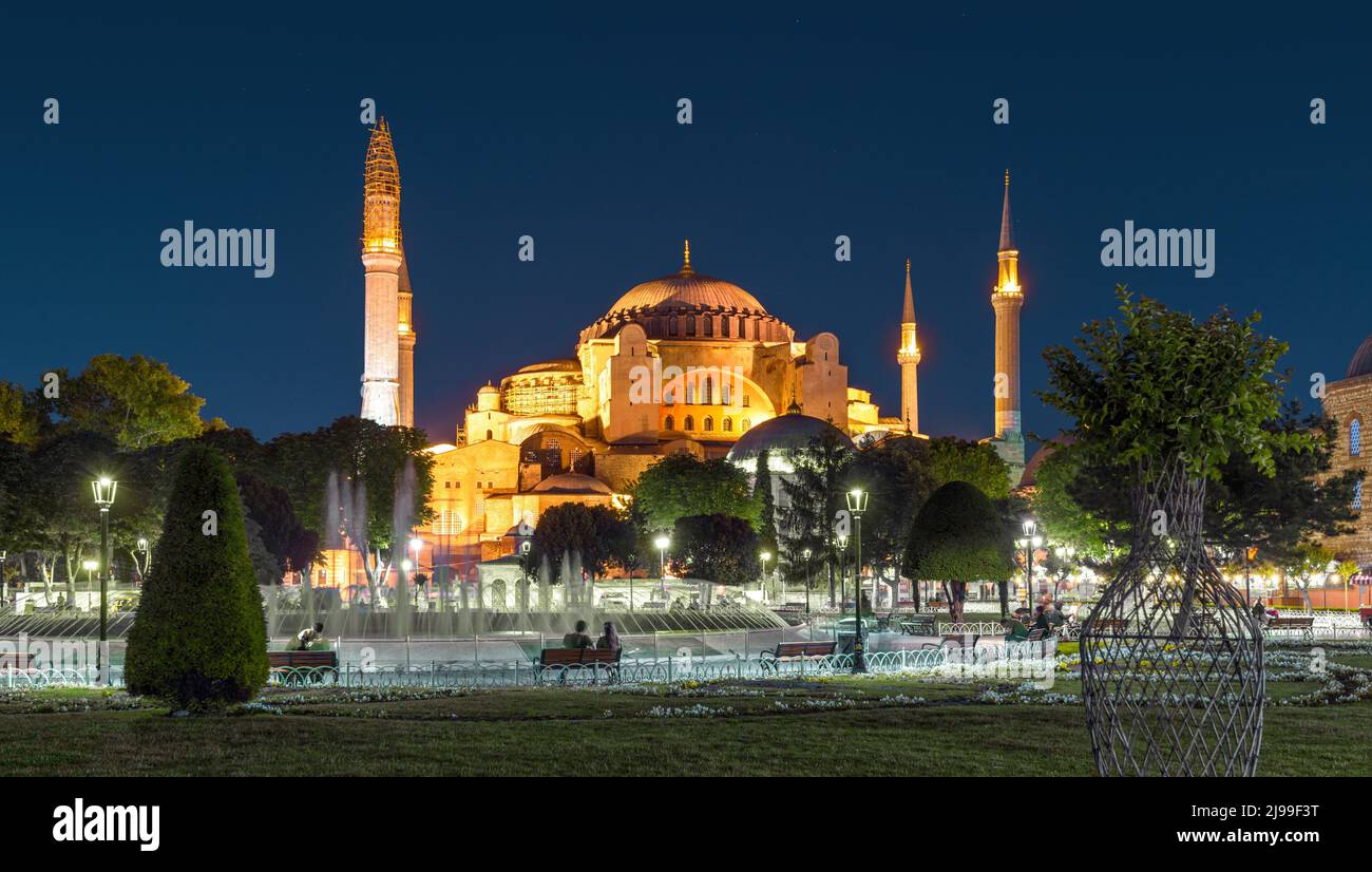 Hagia Sophia mosque at night, Istanbul, Turkey. Hagia Sophia or Ayasofya is tourist attraction of Istanbul. Panorama of Aya Sofya, former Byzantine ca Stock Photo