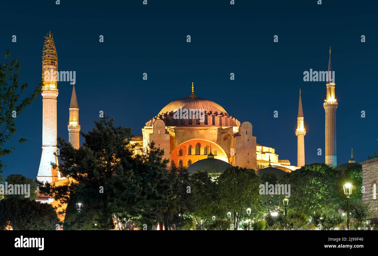 Hagia Sophia mosque at night, Istanbul, Turkey. Hagia Sophia or Ayasofya is old historical landmark of Istanbul. Panorama of Aya Sofya, famous former Stock Photo