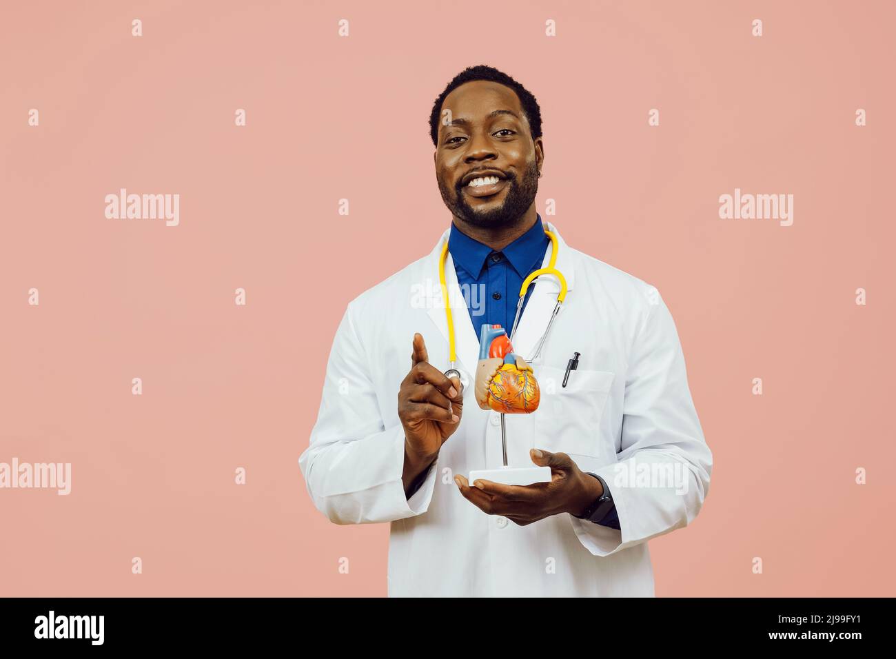 Black doctor with hearth model and a stethoscope isolated on pink background studio Stock Photo