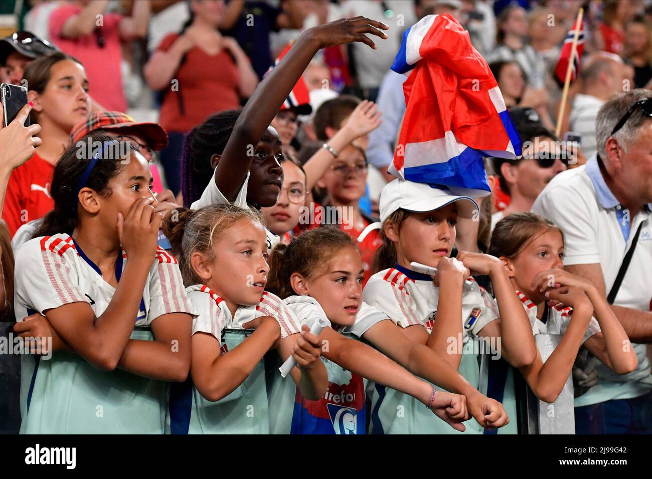 Turin, Italy. 21st May, 2022. Football fans of Olympique Lyon seen on the stands during the UEFA Women's Champions League final between Barcelona and Olympique Lyon at Juventus Stadium in Turin. (Photo Credit: Gonzales Photo/Alamy Live News Stock Photo