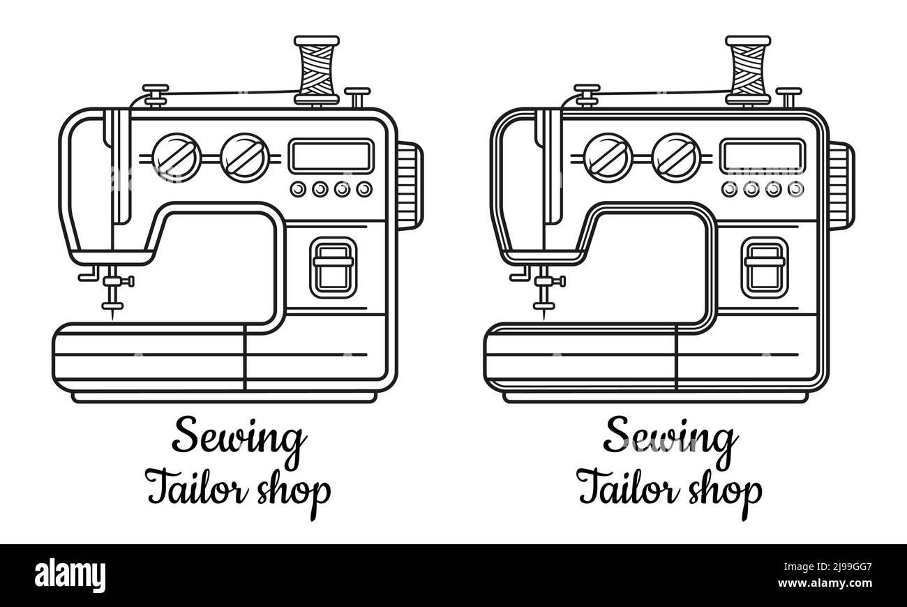 Sew on sewing machine, tailor shop icon. Tailoring, repair clothes, textile embroidery