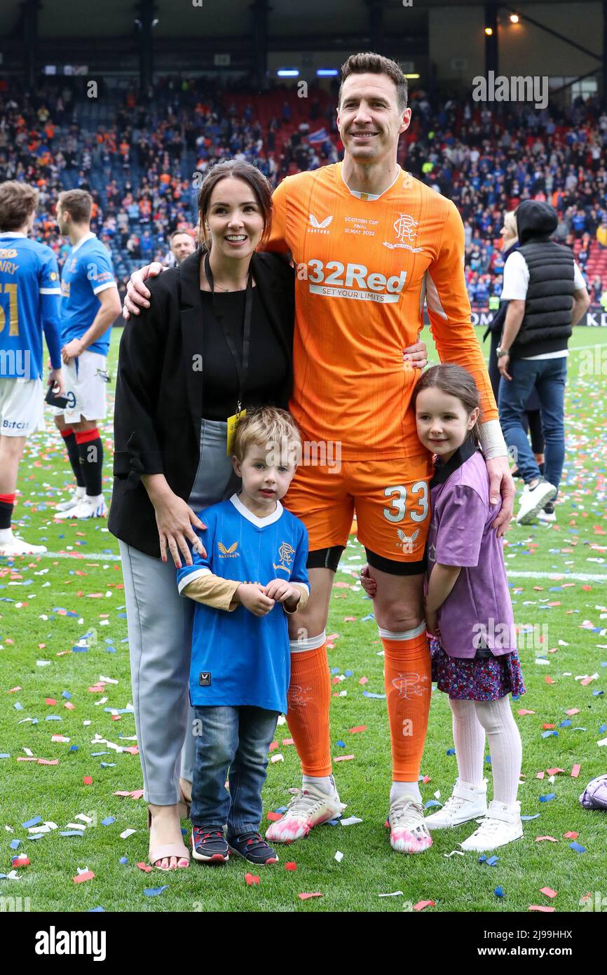 Glasgow, UK. 21st May, 2022. The final of the Scottish Cup was held at Hampden Park, the national stadium of Scotish footballand played between Rangers FC from Glasgow and Heart of Midlothian from Edinburgh. Rangers won the match, 2 - 0, with it going into extra time, and the goals being scored by RYAN JACK in 94 minutes and SCOTT WRIGHT in 97 minutes. Rangers have won this trophy for the first time since 2009. Credit: Findlay/Alamy Live News Stock Photo