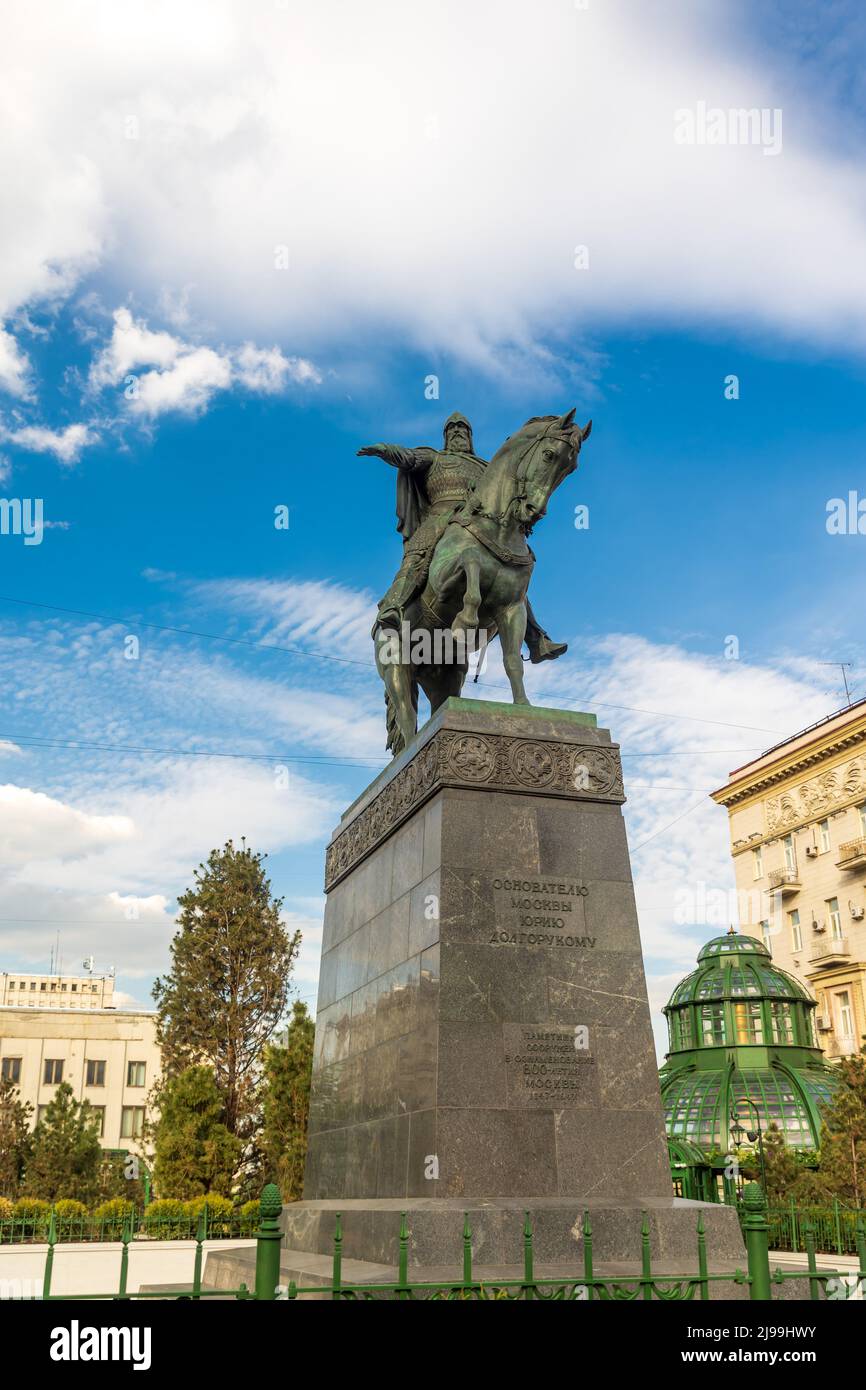 Moscow, Russia -22 May 2022, Yuri Dolgorukiy monument in the sunny cloudy day Stock Photo