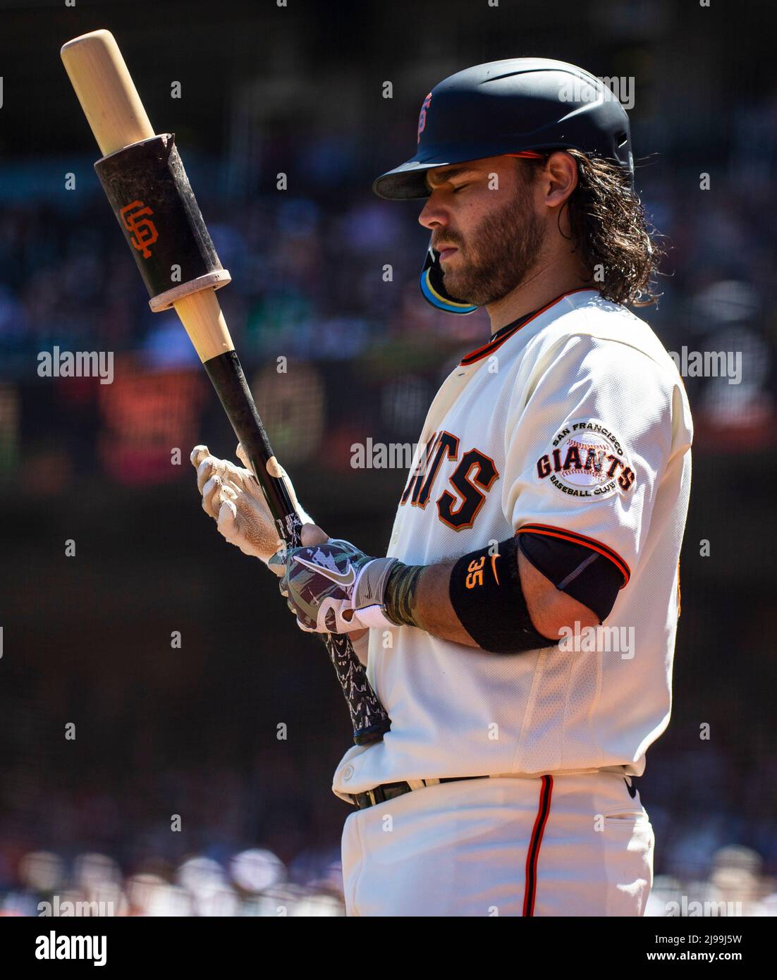 May 21 2022 San Francisco CA, U.S.A. San Francisco shortstop Brandon  Crawford (35) up at bat during MLB game between the San Diego Padres and  the San Francisco Giants in the fourth