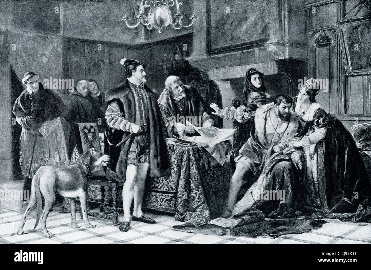 The 1906 caption reads: “IMPRISONED KING FRANCIS SIGNING HIS TREATY WITH CHARLES V.—Francis I. of France was taken prisoner by the soldiers of the mighty Emperor Charles V., ruler of both Germany and Spain. Charles compelled his foe to sign a treaty which would leave France utterly helpless. The King at first refused, but the utter weariness of imprisonment in a gloomy fortress at Madrid broke his spirit at last, and he yielded to Charles, as we see him here. The moment he was free, he repudiated the entire treaty.” The treaty is the Treaty of Madrid, (January 14, 1526), a treaty between the H Stock Photo