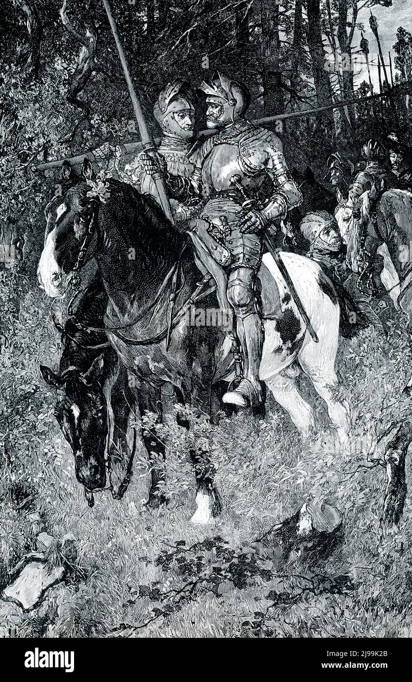 The 1906 caption reads: “COLIGNY ON THE WATCH BEFORE ST. QUENTIN.—The defense of the town of St. Quentin is another one of those heroic resistances which have repeatedly saved France from what seemed certain destruction. Philip of Spain utterly crushed the French army, and nothing but this one little fortress stood between him and Paris. But Coligny, one of the French generals, gathered a small body of the defeated men and watching, as we see him here, for the proper moment, dashed past the Spaniards and threw his little force into St. Quentin. Though finally over-powered, he gave time for ano Stock Photo