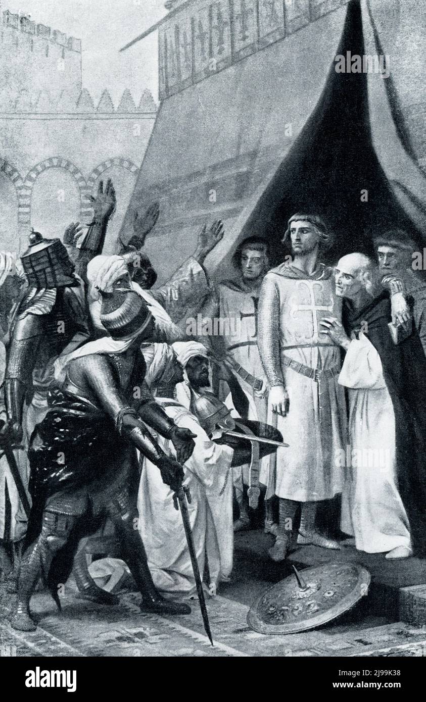 The 1906 caption reads: “MAHOMETANS OF JERUSALEM URGE SAINT LOUIS TO BECOME THEIR KING.—After his release from captivity in Egypt, Louis went to Jerusalem, pledged not to fight against the Mahometans for several years. So deeply, according to legend, did his personal grandeur impress even his enemies, that the Saracens followed him with alternate prayers and menaces, begging him to abandon Christianity and become their king.” Mohammedan is a term for a follower of Muhammad, the Islamic prophet. Louis IX, commonly known as Saint Louis or Louis the Saint, was King of France from 1226 to 1270, an Stock Photo