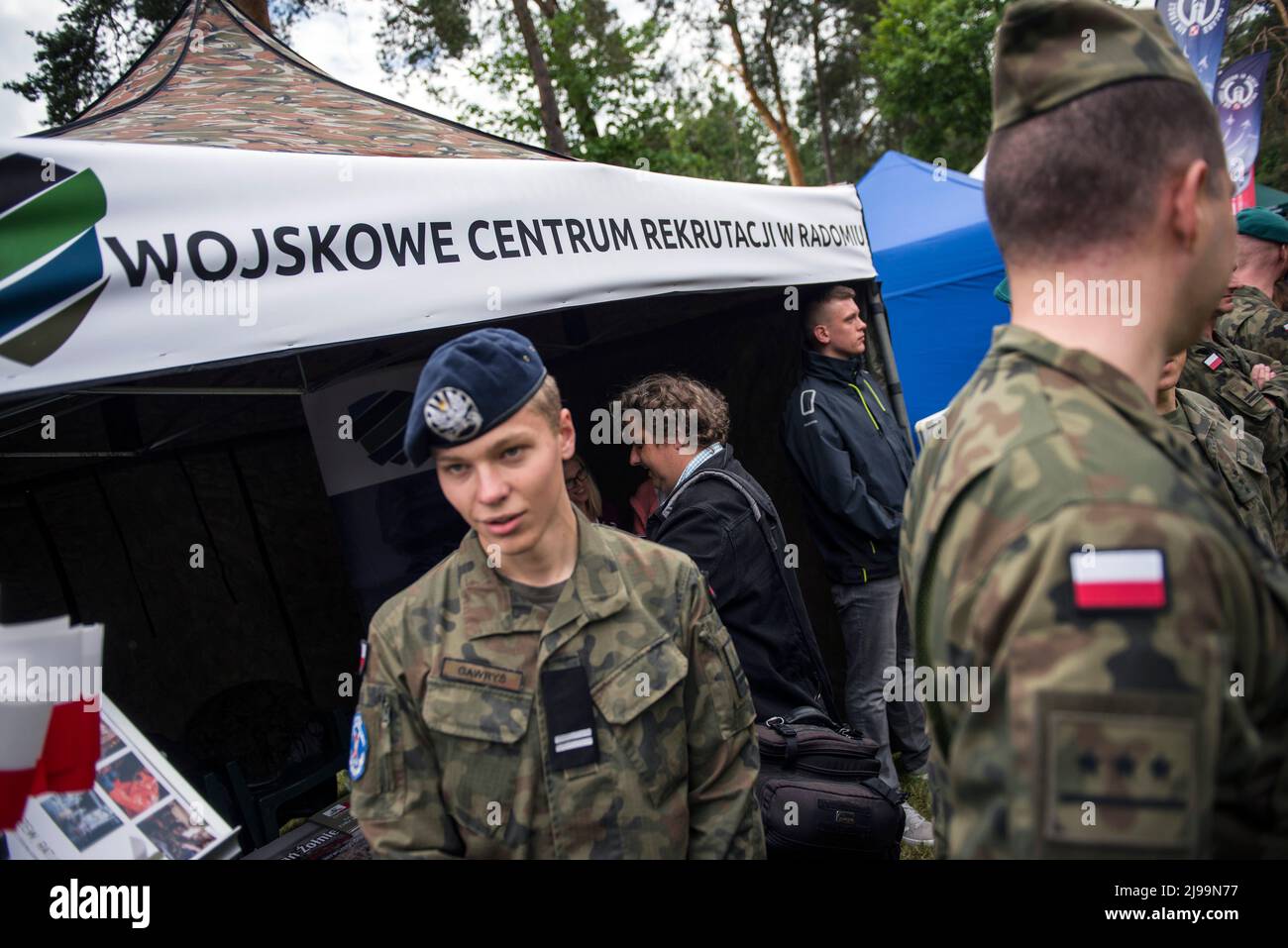 A stand with the military recruitment center is seen at the military picnic. Recruitment for Poland’s new voluntary general military service begins from May 21st as the government seeks to double the size of its armed forces. The Defense ministry has revealed details on the conditions for the year-long service, including pay rates and benefits.The introduction of voluntary basic military service was provided for by the Homeland Defense Act, which was initially proposed by the government in October but signed into law shortly after the Russian invasion of Ukraine. Stock Photo