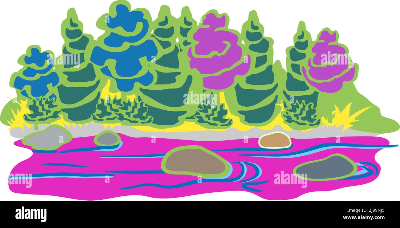 coloured river shoreline with trees and rocks Stock Vector