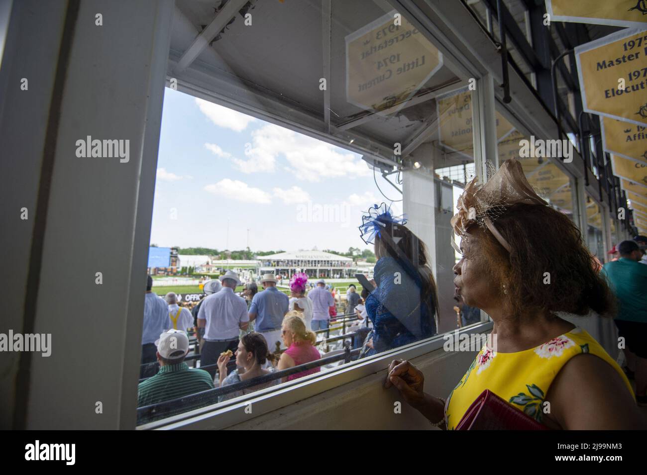 Balitmore, United States. 21st May, 2022. A woman looks over the Pimlico Race Course before the 147th Preakness in Baltimore, Maryland on Saturday, May 21, 2022. Photo by Bonnie Cash/UPI Credit: UPI/Alamy Live News Stock Photo