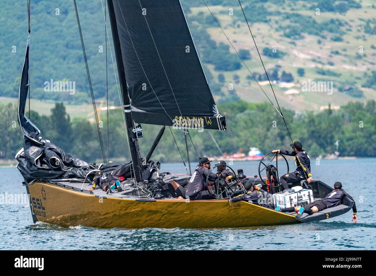 Grandson, Switzerland. 05th Feb, 2022. The Rum Runners Team of Antigua & Barbuda (2) is in action during the Stars Sailors Gold Cup 2022 Credit: Pacific Press Media Production Corp./Alamy Live News Stock Photo