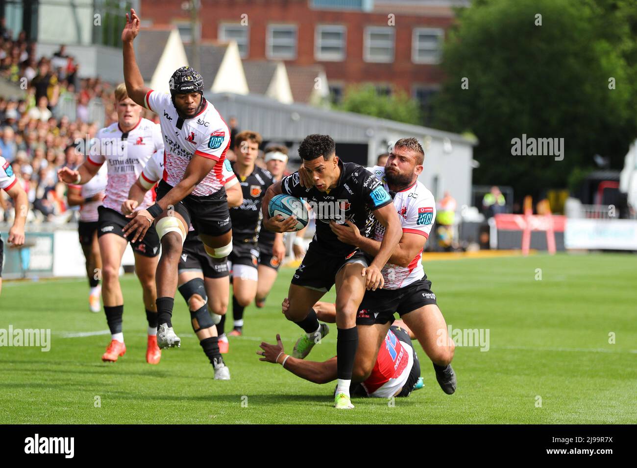 Newport, UK. 21st May, 2022. Rio Dyer of the Dragons (c) makes a break. United Rugby Championship, Dragons v Lions at Rodney Parade in Newport, South Wales on Saturday 21st May 2022. pic by Andrew Orchard/Andrew Orchard sports photography/Alamy Live news Credit: Andrew Orchard sports photography/Alamy Live News Stock Photo