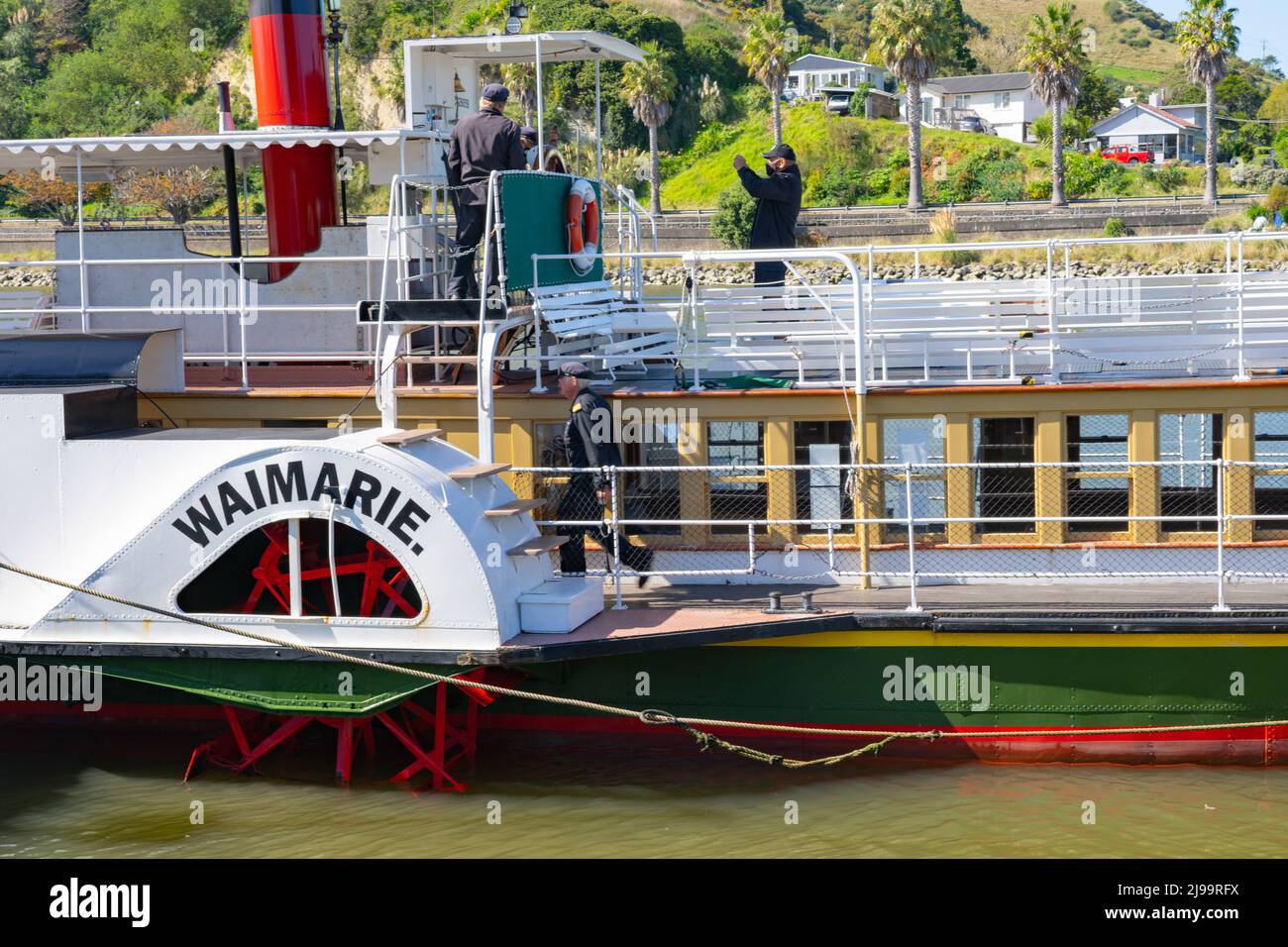 Wanganui New Zealand - April 9 2022; Wanganui River paddle-steamer Waimarie in dock, used for tourist cruises up river. Stock Photo