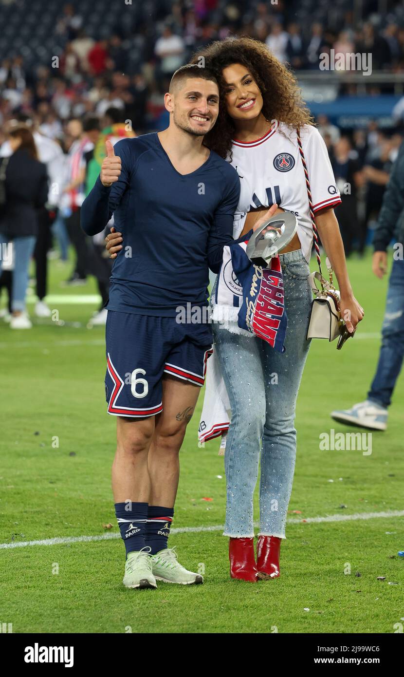 Marco Verratti of PSG and his wife Jessica Aidi following the Ligue 1