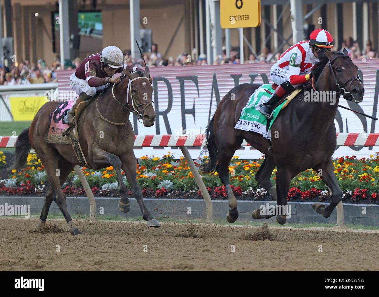 Baltimore, United States. 21st May, 2022. Early Voting, ridden by Jose Ortiz, crosses the finish line ahead of Epicenter, Joel Rosario up, to win the 147th running of the Preakness Stakes at Pimlico Race Course in Baltimore, Maryland. May 21, 2022. Photo by Mark Abraham/UPI Credit: UPI/Alamy Live News Stock Photo