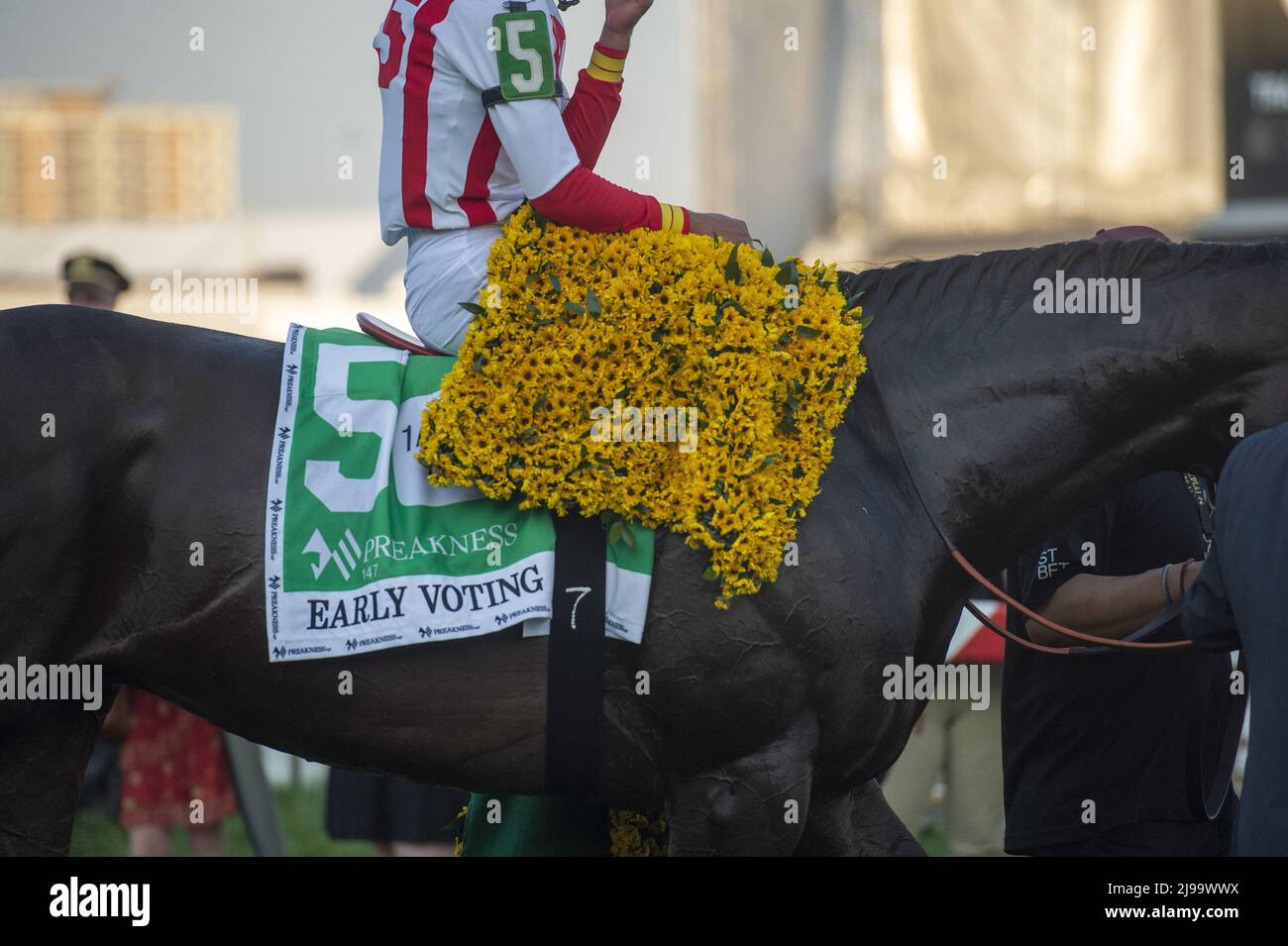 Balitmore, United States. 21st May, 2022. Jockey Jose Ortiz heads to