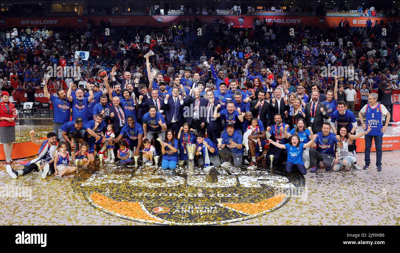 Belgrade, Serbia. 21st May, 2022. Team members of Anadolu Efes pose for photo after the final of the EuroLeague Final Four basketball match between Real Madrid and Anadolu Efes in Belgrade, Serbia, on May 21, 2022. Credit: Predrag Milosavljevic/Xinhua/Alamy Live News Stock Photo