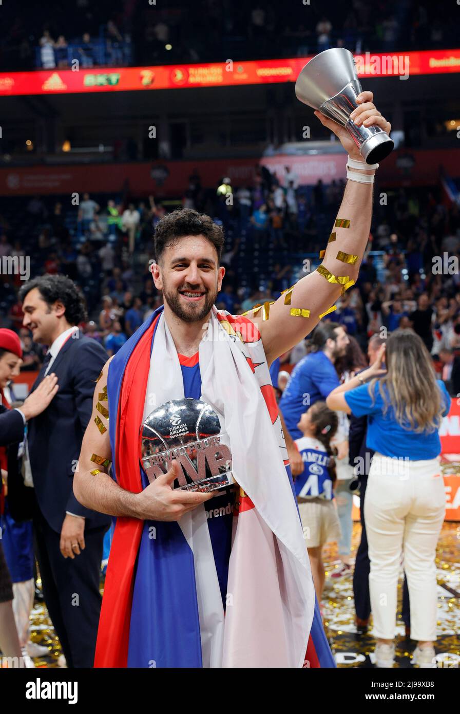 Belgrade, Serbia. 21st May, 2022. Anadolu Efes' Vasilije Micic poses with his MVP trophy after the final of the EuroLeague Final Four basketball match between Real Madrid and Anadolu Efes in Belgrade, Serbia, on May 21, 2022. Credit: Predrag Milosavljevic/Xinhua/Alamy Live News Stock Photo