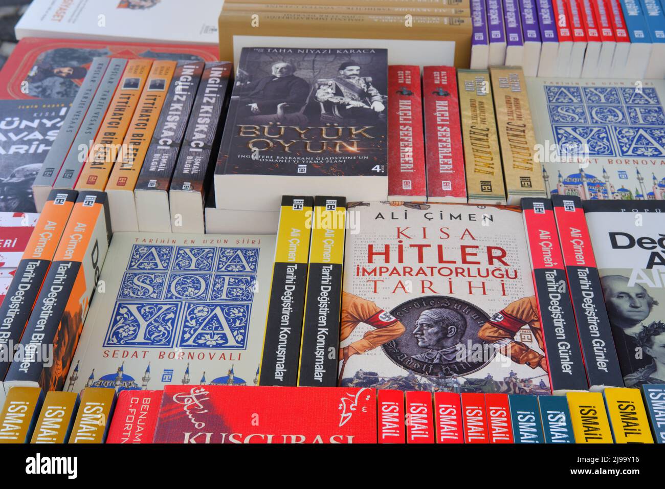 Books in Turkish displayed on table for sale at a book fair Stock Photo