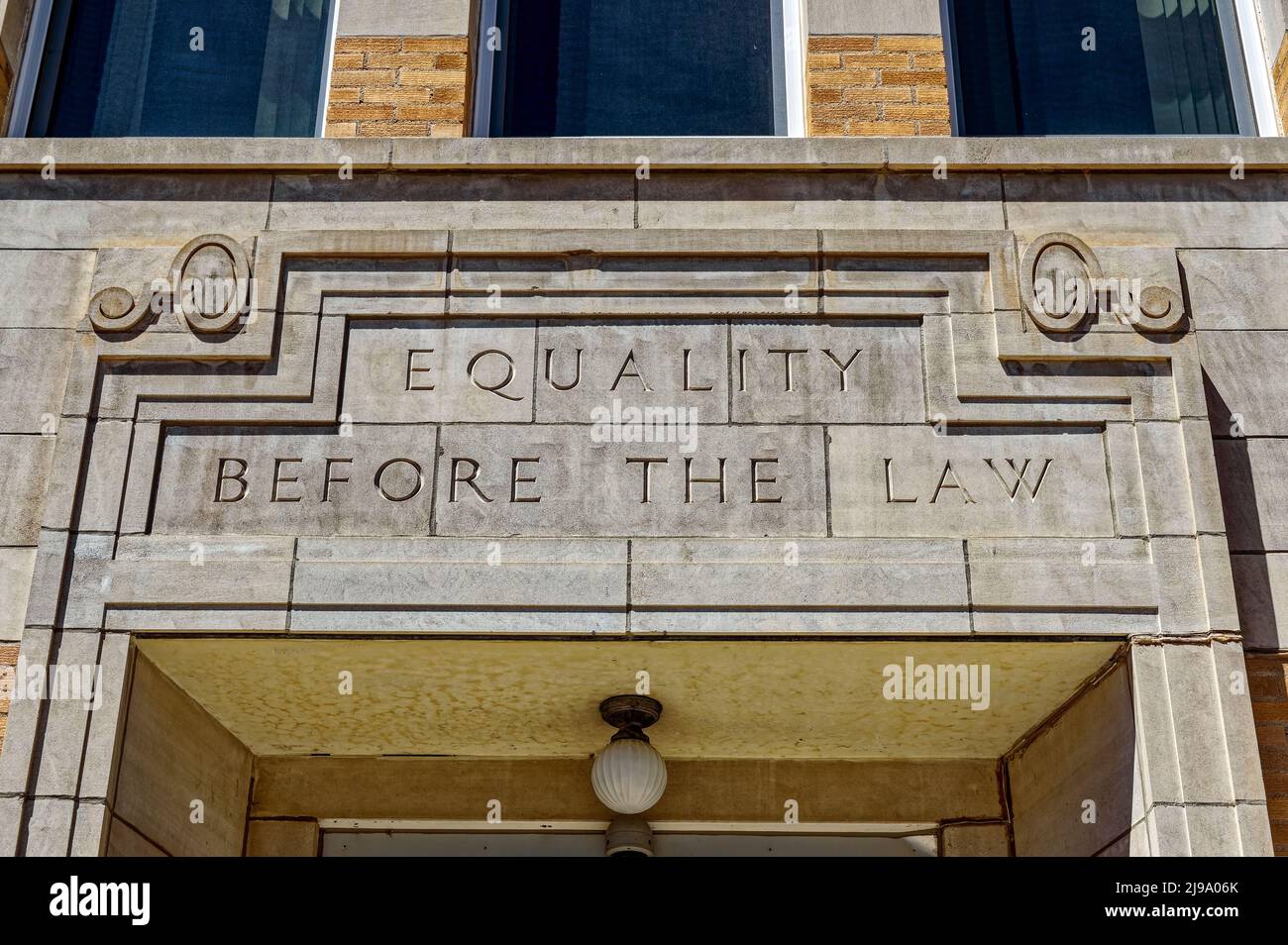 Equality Before the Law inscribed above the entrance to the Dawes County Courthouse in Chadron, Nebraska, USA - July 25, 2014 Stock Photo