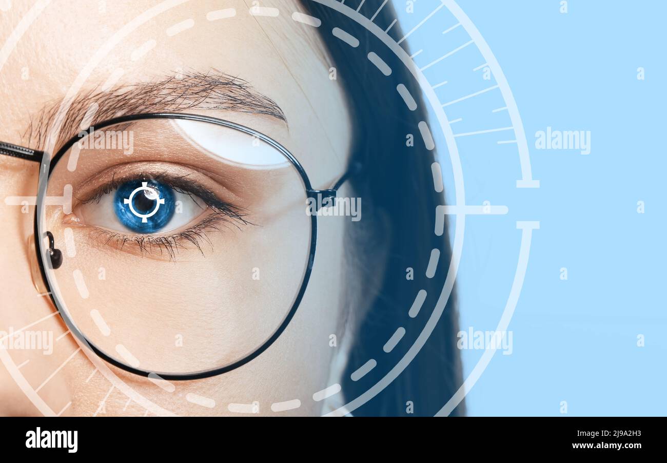 Young woman with iris scanning, closeup view Stock Photo